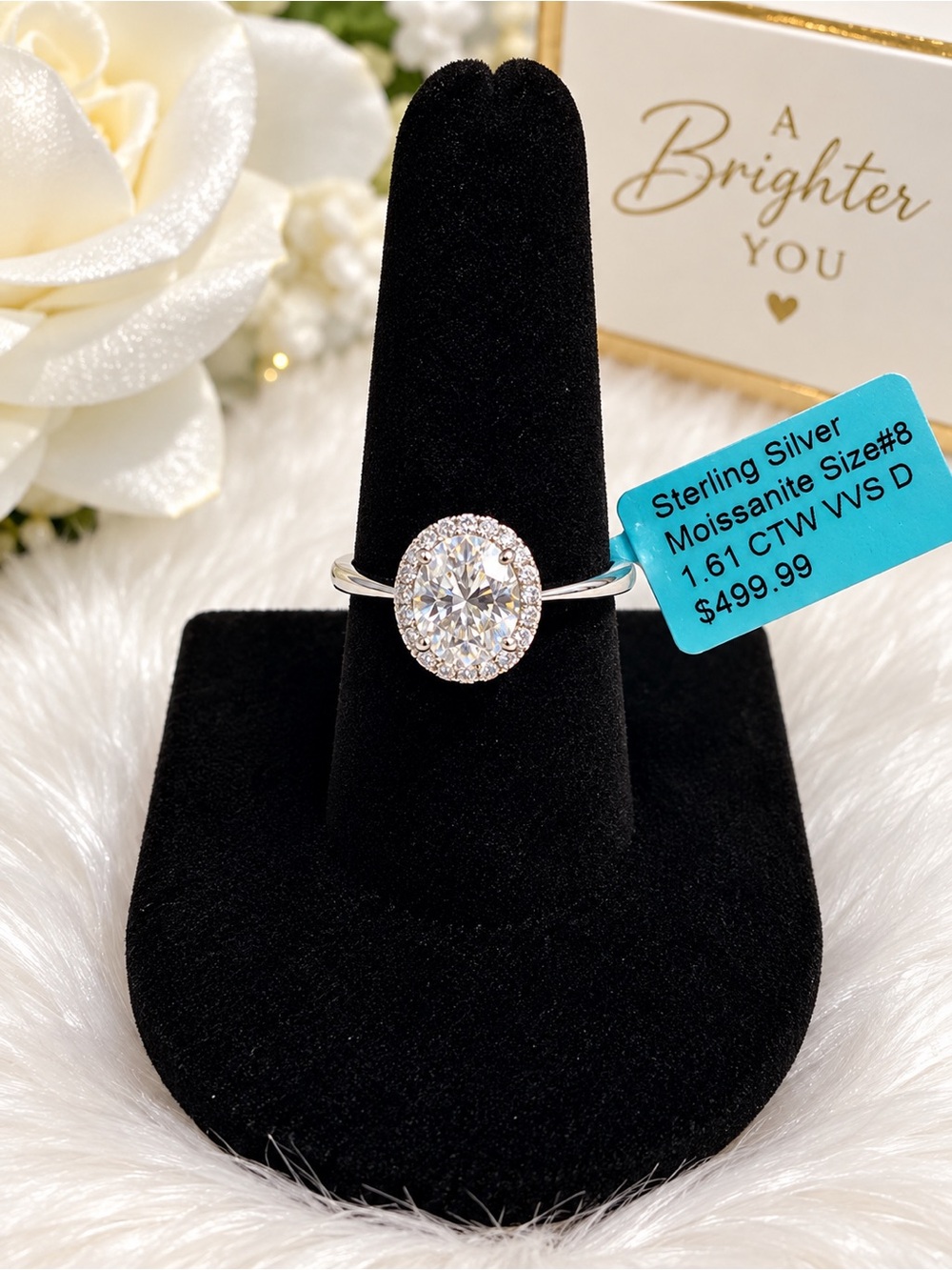 Sterling Silver Halo Moissanite Oval Ring - White